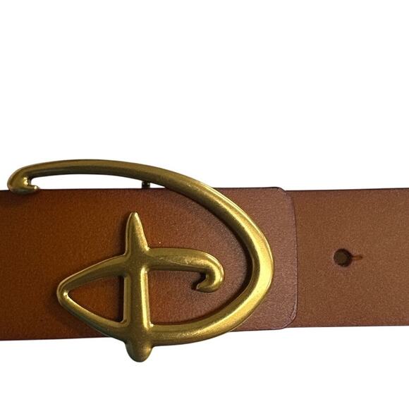 Disney Signature “D” Logo Belt Brown Faux Leather Gold Buckle - Picture 2 of 6